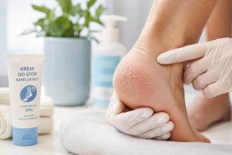 Pęknięte pięty — leczenie kremem z mocznikiem, plastry hydrokoloidowe Compeed, profilaktyka codzienna.