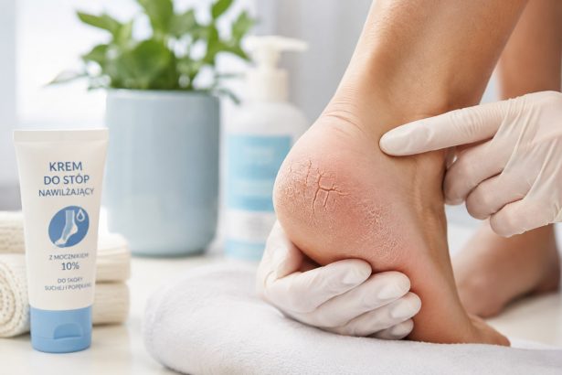 Pęknięte pięty — leczenie kremem z mocznikiem, plastry hydrokoloidowe Compeed, profilaktyka codzienna.