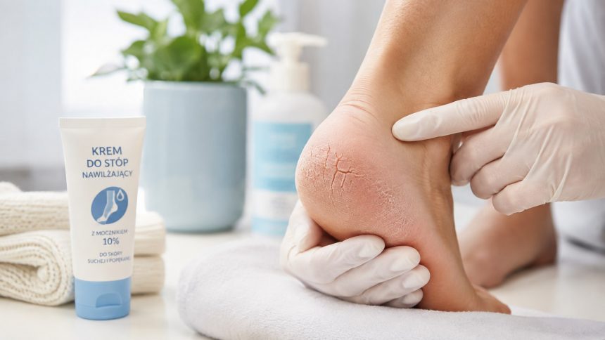 Pęknięte pięty — leczenie kremem z mocznikiem, plastry hydrokoloidowe Compeed, profilaktyka codzienna.