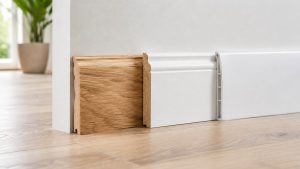 Listwy przypodłogowe MDF, PCV, drewno, aluminium — wysokość 60-150 mm, montaż na klipsach lub klej, ceny 5-30 zł/m.