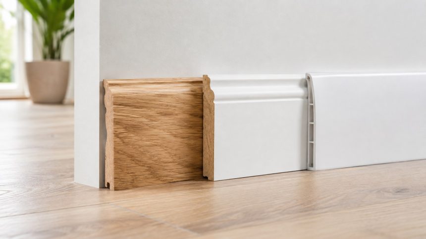 Listwy przypodłogowe MDF, PCV, drewno, aluminium — wysokość 60-150 mm, montaż na klipsach lub klej, ceny 5-30 zł/m.