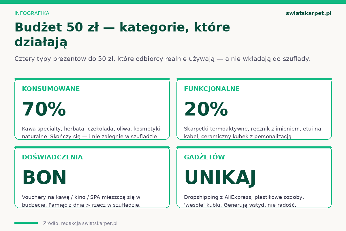 Cztery kategorie budżetowych prezentów świątecznych do 50 zł — konsumowane, funkcjonalne, doświadczenia, gadżety unikać