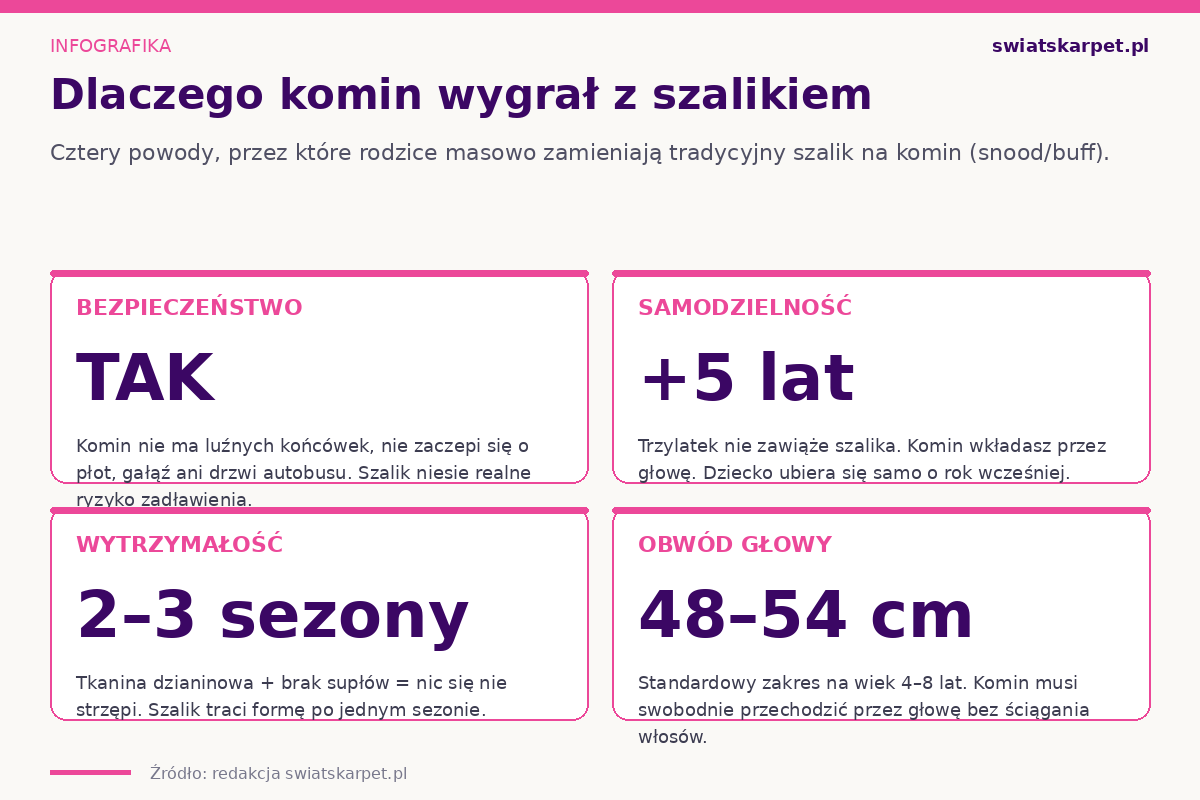 Cztery powody, dla których komin wyparł szalik dla dzieci — bezpieczeństwo, samodzielność, wytrzymałość, obwód