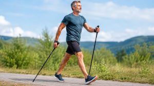 Nordic walking — chodzenie z kijami, długość 0,66 × wzrost, zaangażowanie 90% mięśni, idealne dla osób 50+.