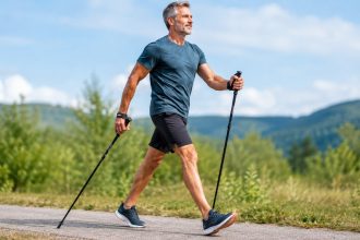 Nordic walking — chodzenie z kijami, długość 0,66 × wzrost, zaangażowanie 90% mięśni, idealne dla osób 50+.