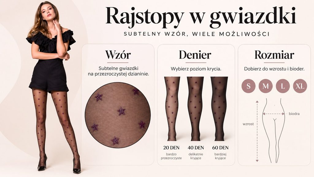Rajstopy Gabriella Stars — wzór gwiazdek, 20 DEN, rozmiarówka i stylizacje