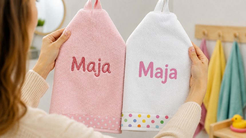 Mały ręcznik do przedszkola z imieniem dziecka — pięć kryteriów wyboru: rozmiar, gramatura, materiał, personalizacja, marka. Plus pielęgnacja i niemowlęce.
