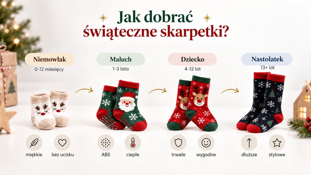 Świąteczne skarpetki dla dzieci — niemowlak, maluch, dziecko, nastolatek