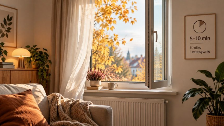 Jesienny skok temperatur sprzyja wilgoci i kondensacji. Sprawdź, kiedy i jak długo wietrzyć mieszkanie jesienią, aby wymienić powietrze bez wychładzania ścian i ryzyka rozwoju pleśni.