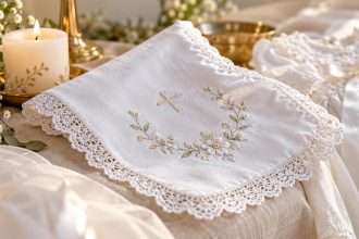 Szatka do chrztu haftowana — biały atłas lub jedwab, personalizacja imię + data. Polskie pracownie haftowe. Klasyczna chrzcielna pamiątka.