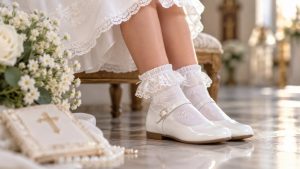 Eleganckie skarpetki dla dziewczynki — komunia, akademia, święta. Białe z koronką, ze skrzydełkami, antypoślizgowe, z falbanką. Polskie marki.