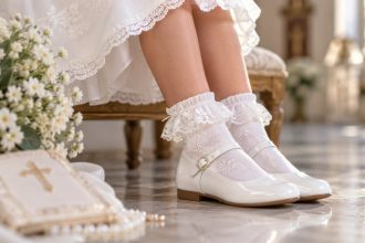Eleganckie skarpetki dla dziewczynki — komunia, akademia, święta. Białe z koronką, ze skrzydełkami, antypoślizgowe, z falbanką. Polskie marki.