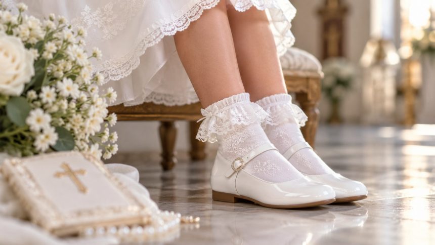 Eleganckie skarpetki dla dziewczynki — komunia, akademia, święta. Białe z koronką, ze skrzydełkami, antypoślizgowe, z falbanką. Polskie marki.