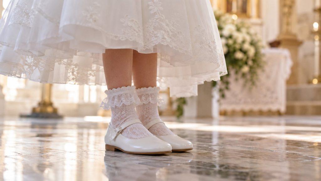 Eleganckie skarpetki dla dziewczynki – na komunię, z falbanką i koronką