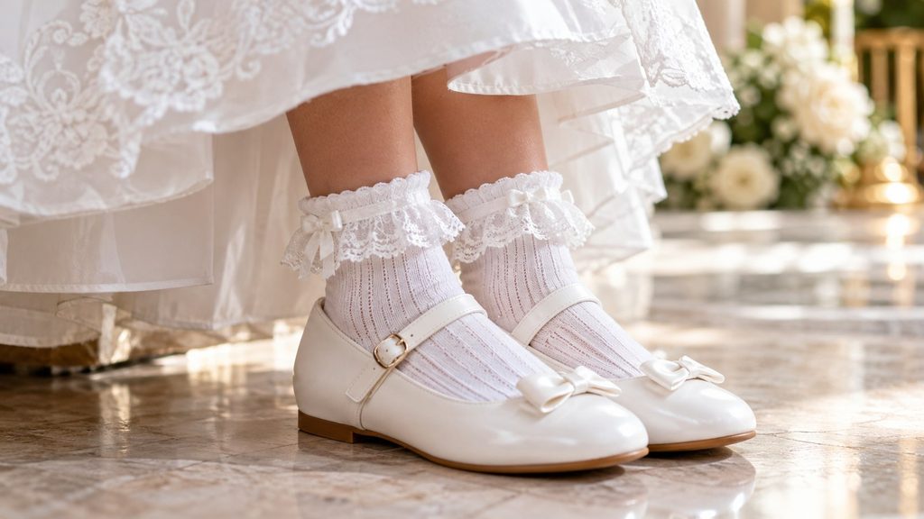 Eleganckie skarpetki dla dziewczynki – na komunię, z falbanką i koronką